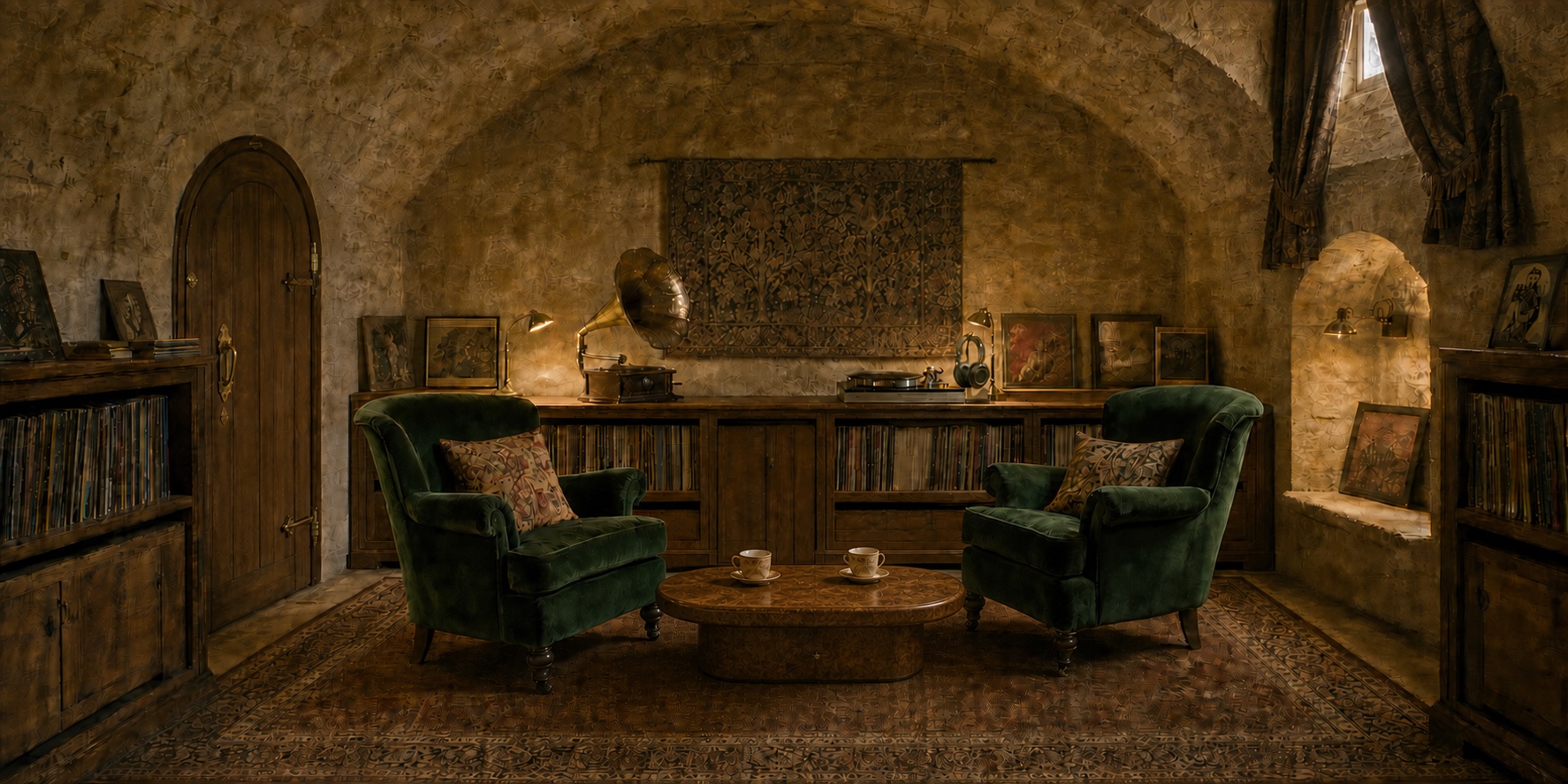 The Cellar Music Room beneath Old Thatch Farmhouse, with green velvet chairs, records, a gramophone, modern headphones and warm lamps