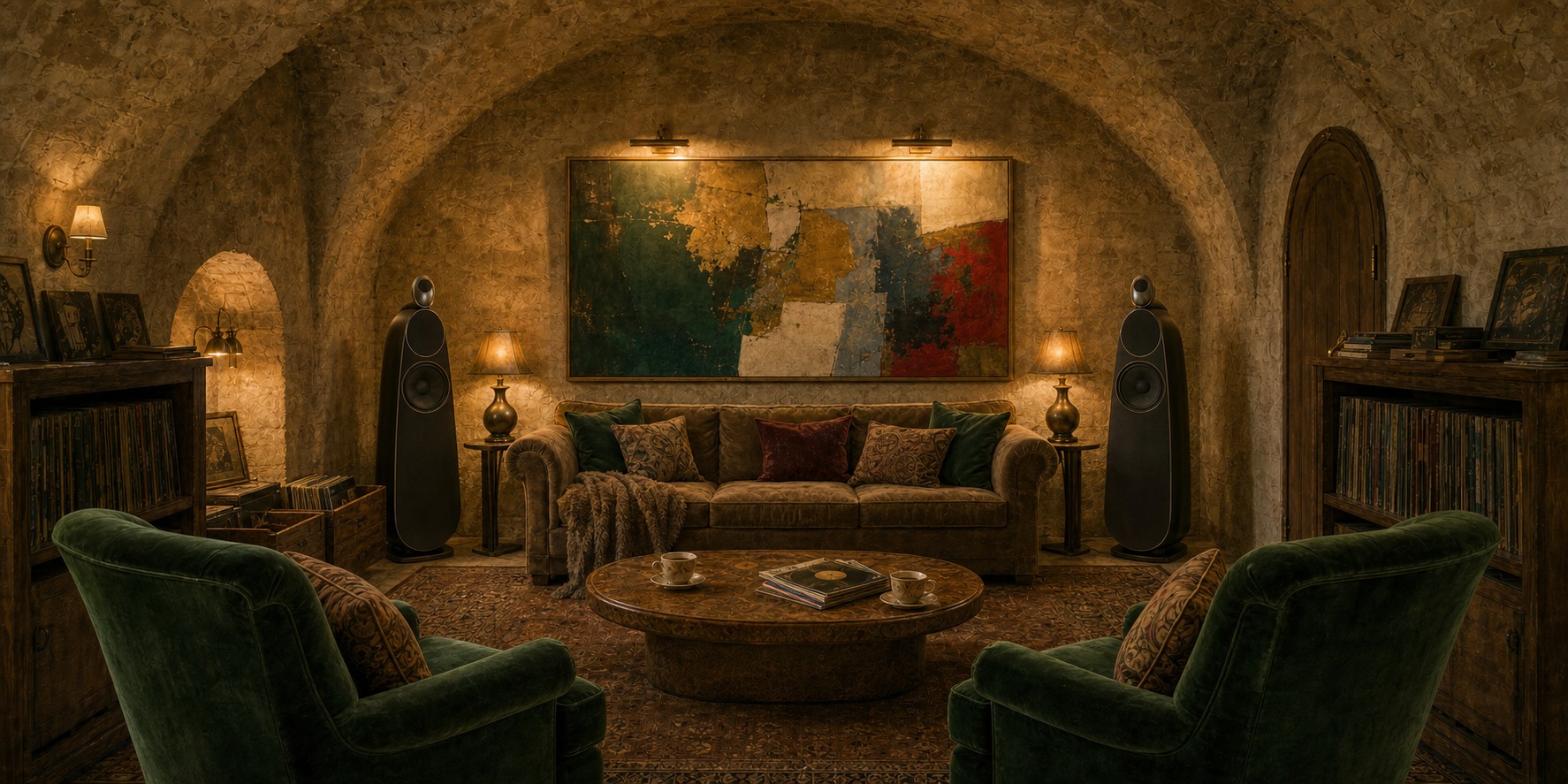 The opposite end of the Cellar Music Room, with a sofa, warm lamps, vinyl records, modern speakers and a large modern artwork on the stone wall